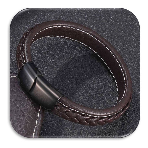 Pulseira Masculina De Couro Costurada E Trançada Fecho Imã