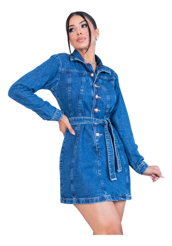 Vestido Jeans Feminino Manga Comprida Com Cinto