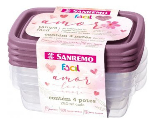Potes Plástico Hermético Alimentos 280ml Sanremo Kit C/4 Pçs
