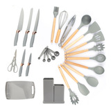 Kit 19 Utensílios De Cozinha Com Cabo De Madeira E Silicone