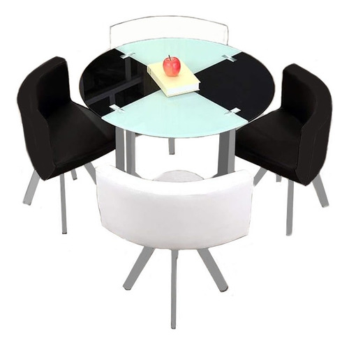 Juego De Mesa Comedor Redonda Vidrio 4 Sillon Negro Y Blanco