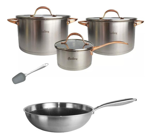 Set Ollas Wok Hudson Acero Inox Golden Inducción 7pz