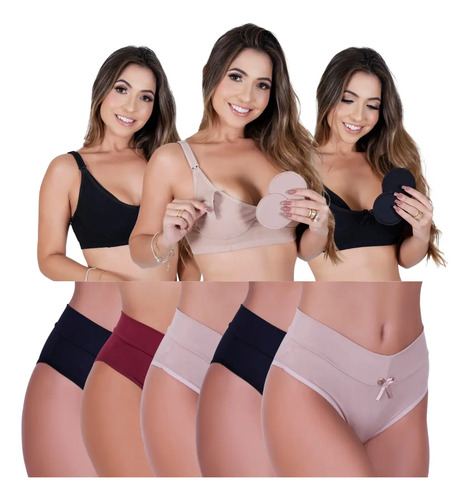 Kit 5 Calcinhas Pós Parto Gestante + 3 Sutiãs Amamentação | Parcelamento sem juros