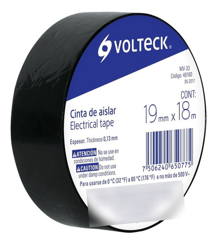 Cinta De Aislar De 18 M X 19 Mm, Negra, Volteck