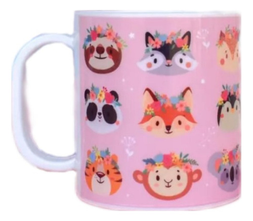 Taza Infantil Nórdico  Mapache Rosa De Melamina Manija 200cc