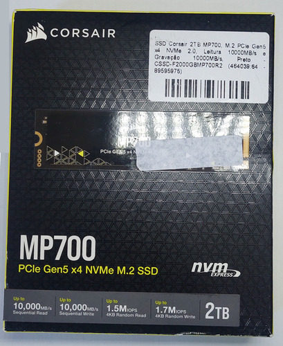 Ssd Corsair Mp700, 2tb, M.2 2280, Pcie Nvme, Leitura 10000mb/s, Gravacao 10000mb/s