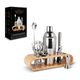 Mixologic Kit De Bartender Con Base De Bambú Y Acero Inoxidable 12 Piezas, Ideal Para Cantina Y Hogar, Set De Coctelería Para Bebidas Y Mixología, Incluye Shaker, Jigger, Sacacorchos, Colador Y Más