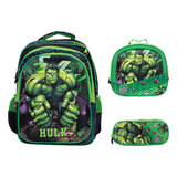 Kit Mochila Infantil Escolar De Costas 3d Hulk