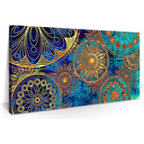 Quadro Mandala Azul Turquesa 150x75 Decorativo Para Sala Cor Neutro Armação Natural