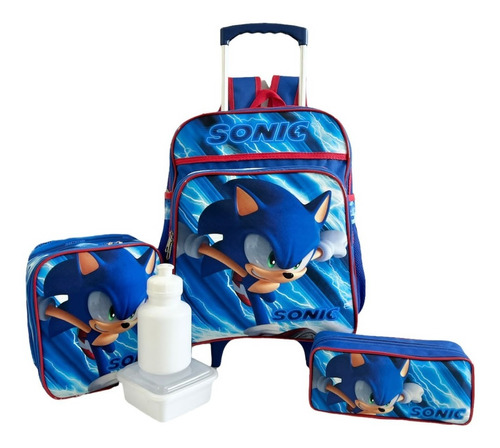 Kit Mochila Escolar Infantil Sonic Rodinhas Média F5 Meninos