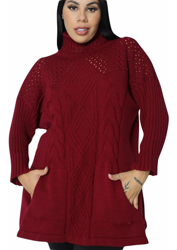 Casaco Blusa Suéter Poncho Em Tricô E Gola Alta Grosso Lã