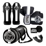 Kit Muay Thai Luva Caneleira Bolsa Band Bucal Preto Promoção