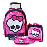 Mochila Monster Rodinhas Caveirinha Lancheira Estojo Cor Rosa-chiclete Desenho Do Tecido Caveira