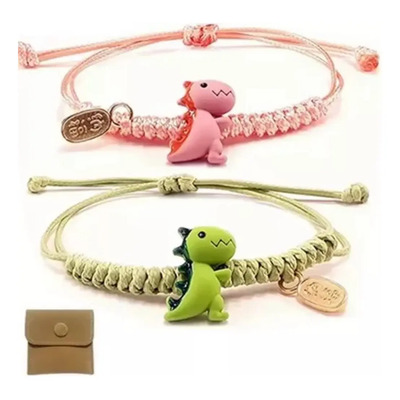 Set 2 Pulseras Ajustables Dinosaurios Verde Rosa Pareja Amistad | Meses sin interés