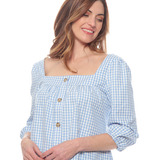 Blusa Wados Manga Larga Escoces Escote Cuadrado Con Botones