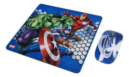Kit Mouse Inalambrico Y Mouse Pad Avengers  Color Azul
