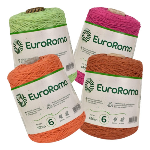 Kit 4 Unidades Barbante Euroroma 600g  Fio Número 6 Colorido