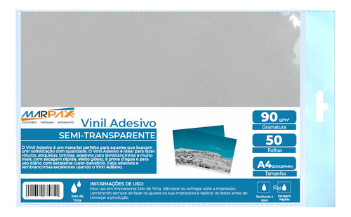 Vinil Adesivo A4 90g Semitransparente Brilho Marpax 50fls