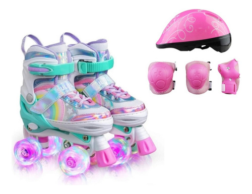 Patins Quad Lindo Tam. Ajustável + Kit Proteção Rodinhas Led