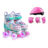 Patins Quad Lindo Tam. Ajustável + Kit Proteção Rodinhas Led