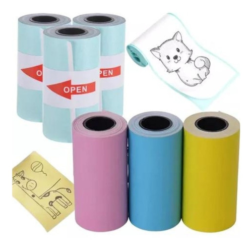 6 Rollos Papel Adhesivo Impresora Térmica Blanco + Color 57m