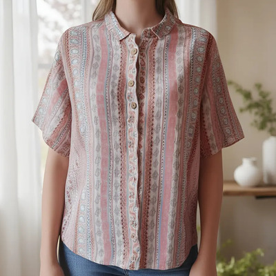 Blusa Camisera De Lino Estampado Tipo Bordado Mujer Talla M Naranja M