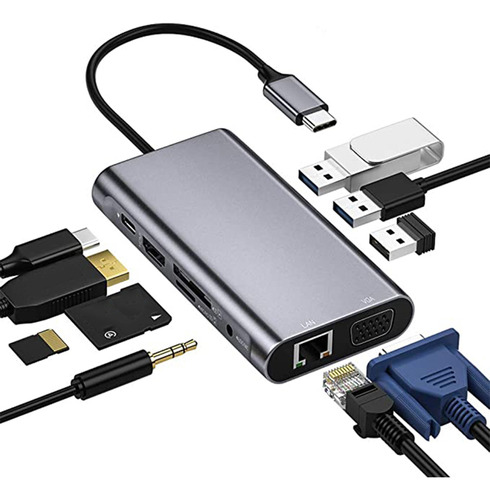 Estación De Acoplamiento Usb C 10 En 1 F, 1 Hdmi 4k, 1 Vga 1