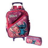 Mochila Lilo & Stitch E Angel 3 Bolsos Rodinhas G + Estojo