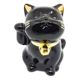 Mini Estatueta Gato Sorte Japonês Amuleto Riqueza Dinheiro Cor Preto Fofo
