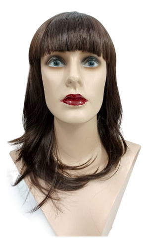 Peruca Média Castanho Amêndoa  Franja Luxo Wig Lace Liso 