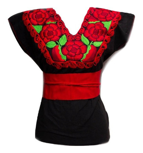 Blusa Artesanal Mexicana Bordada Con Rosas Chiapas Grande Con Fajilla Roja