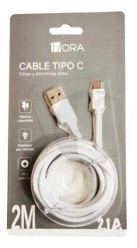 Cable Tipo C 2.1a 2 Metros Carga Rapida 1hora Cab185 Color Blanco