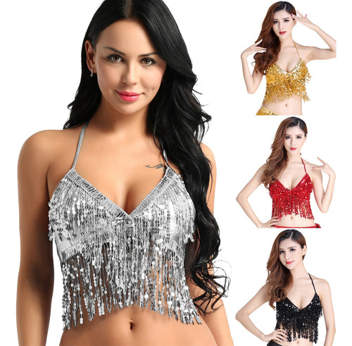 Camiseta Bellydance Lentejuela Blusa Danza Crop Top Playa