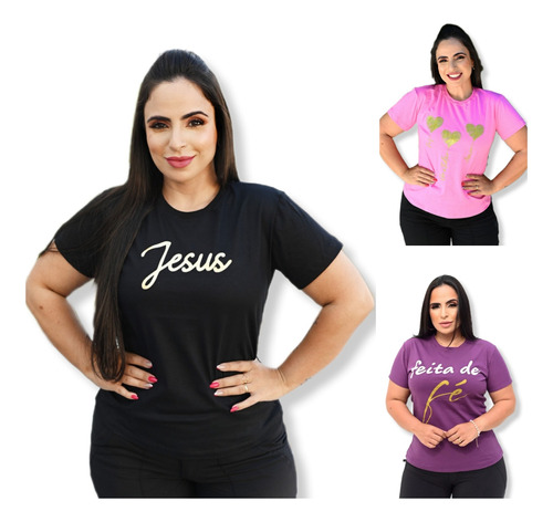 Tshirt Feminina Atacado Kit 3 Blusinhas Frases Evangélicas