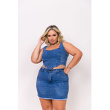 Conjunto Jeans Saia E Cropped Franja Brilho Strass Plus Size