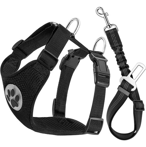 Arnes Con Chaleco + Cinturon De Seguridad Para Perros Negro