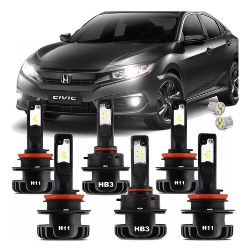 Kit Lampada Sup Led Plus Cinoy Honda New Civic 2012 2013 2014 2015 2016 2017 2018 2019 Farol Alto Baixo E Milha Com Foco