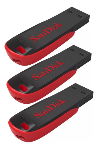 Kit 3 Pendrive Sandisk Cruzer Blade 128gb 2.0 Preto Vermelho