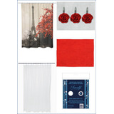 Cortina Baño Tela +protector +ganchos +alfombra Paris Rojo