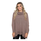 Poncho Feminino Tricot Manga Longa Gola Alta Mousse Liso Lã 