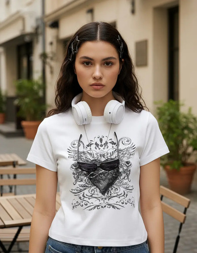 Playera Mujer Crop Escote Corazón Estampada Manga Corta