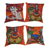 Cojin Dia De Los Muertos Varias Figuras C/4 Unidades Naranja