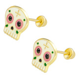 Aretes Broquel Oro 10k Niñas O Mujer Catrina 373