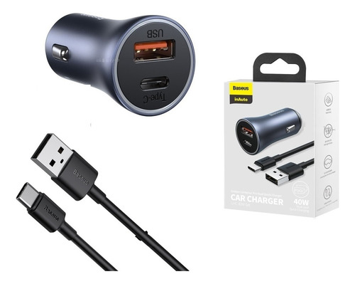 Kit Carregador Veicular Baseus 40w Usb + Tipo C Turbo C/cabo