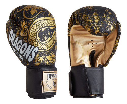 Guantes De Boxeo / Muay Thai / Kick Negros Dragones Dorados