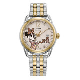 Reloj Citizen Disney Dama Empowered Minnie Mouse Fe6084-70w Correa Plateado Bisel Dorado Fondo Blanco