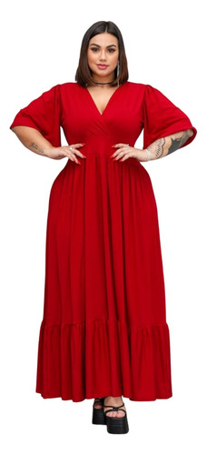 Vestido Longo Três Marias Plus Size Manga Flare Rodado Gg G3