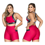 Kit Academia Feminino Top E Short Com Bolso Feminina Fitnes