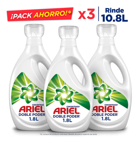 Pack 3 Detergente Líquido Ariel Concentrado Doble Poder 1.8l