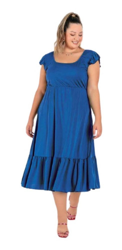 Roupas Femininas Plus Size Vestido Acinturado Soltinho Midi